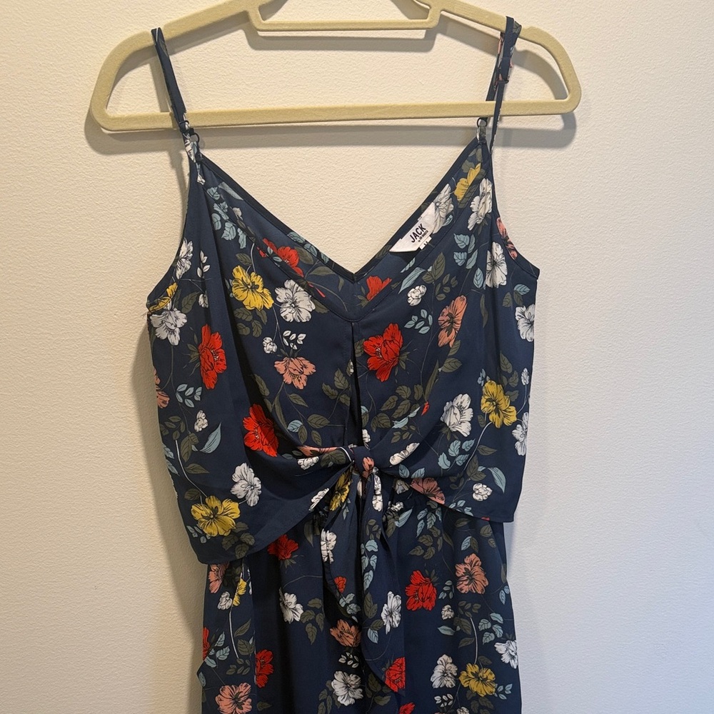 Jack by BB Dakota Navy Floral Tie-Front Jumpsuit with Red Yellow White Flowers